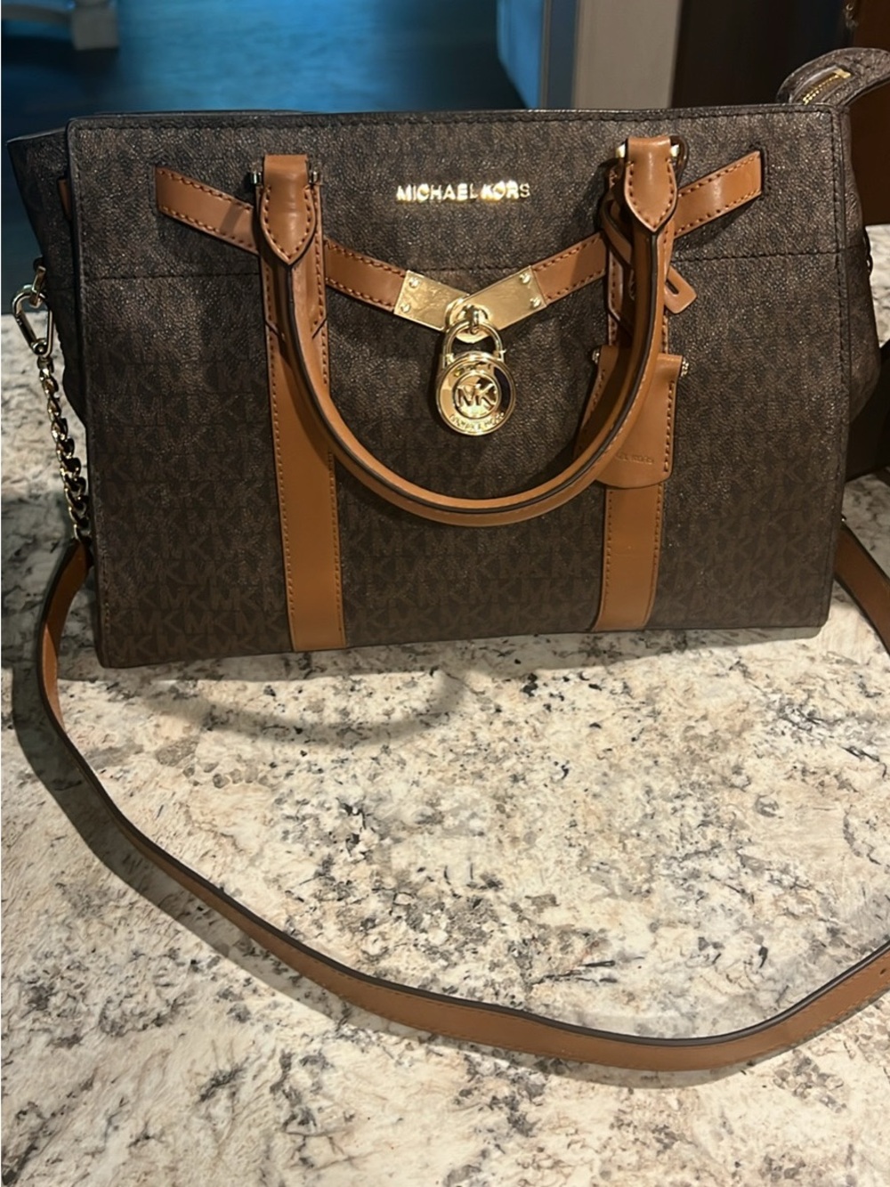 Michael Kors Brown & Tan MK Logo Satchel with Gold Hardware